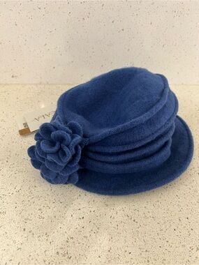 Scala Womens Packable Wool Cloche Hat Blue Pleated Flower Accent Vintage Style